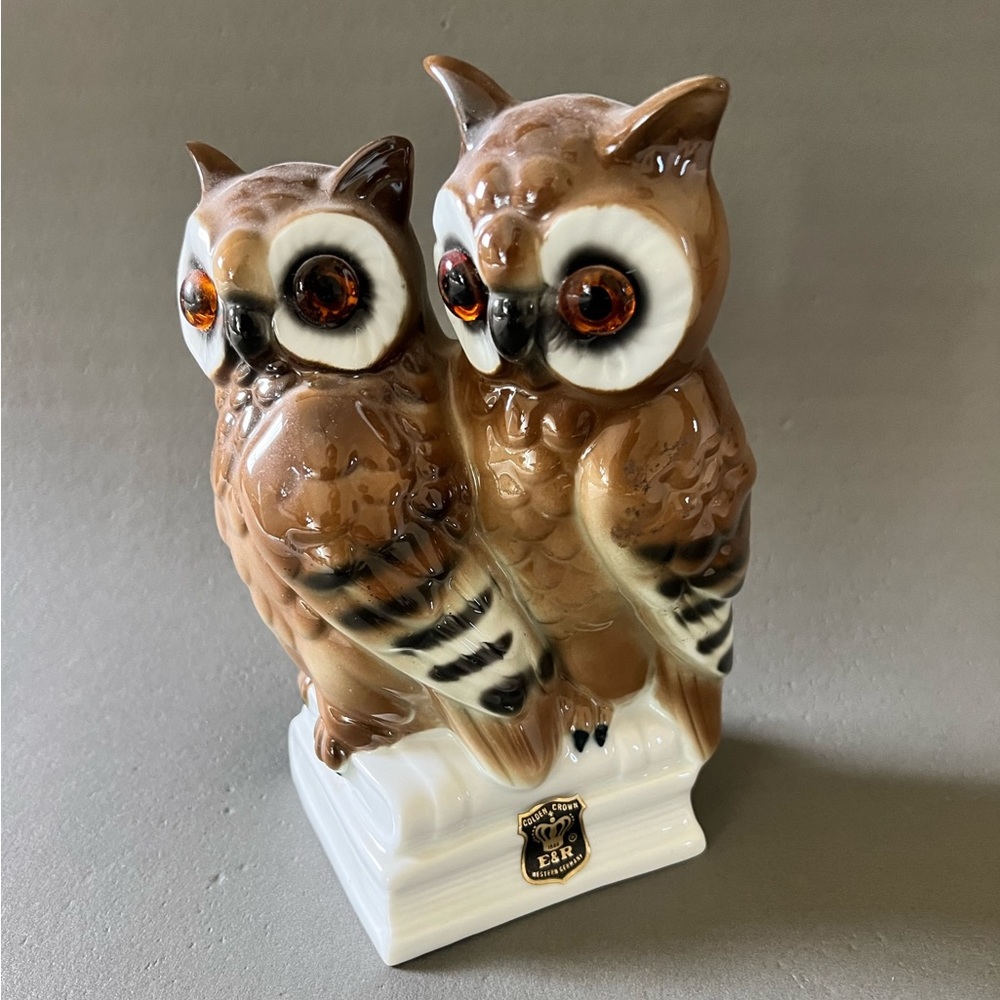 E&R Golden Crown Porcelain owl couple figurine on books Made in W. Germany